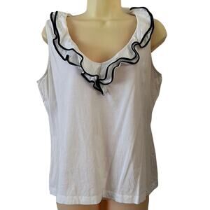 Chaps size L White Knit Top with Black Trimmed Ruffle Neckline